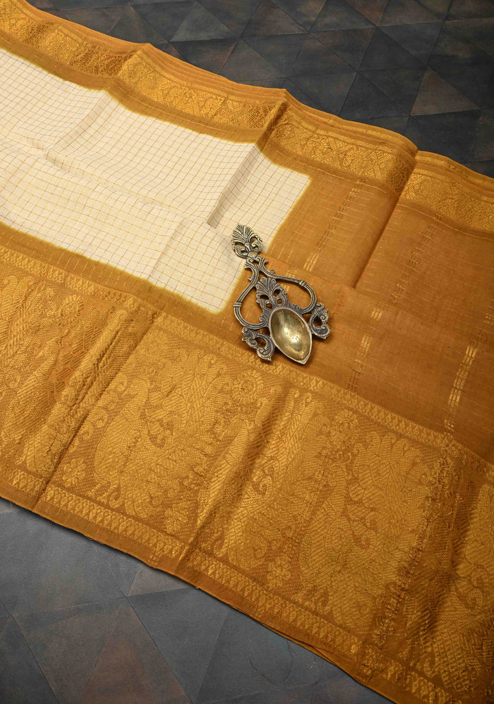 Off White Zari Checks Madurai Cotton Saree with Peacock Wide Contrast Zari border ,No Blouse Piece