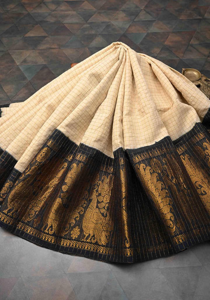 Off white Zari Checks Madurai Cotton Saree with Peacock Wide Zari border ,No Blouse Piece