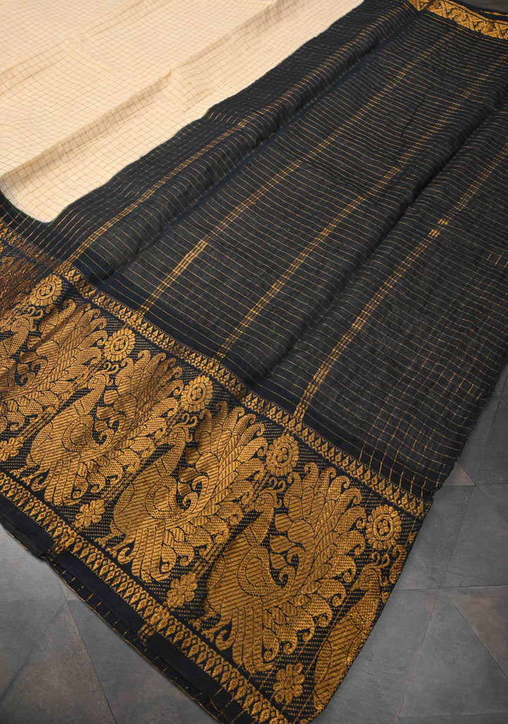 Off white Zari Checks Madurai Cotton Saree with Peacock Wide Zari border ,No Blouse Piece