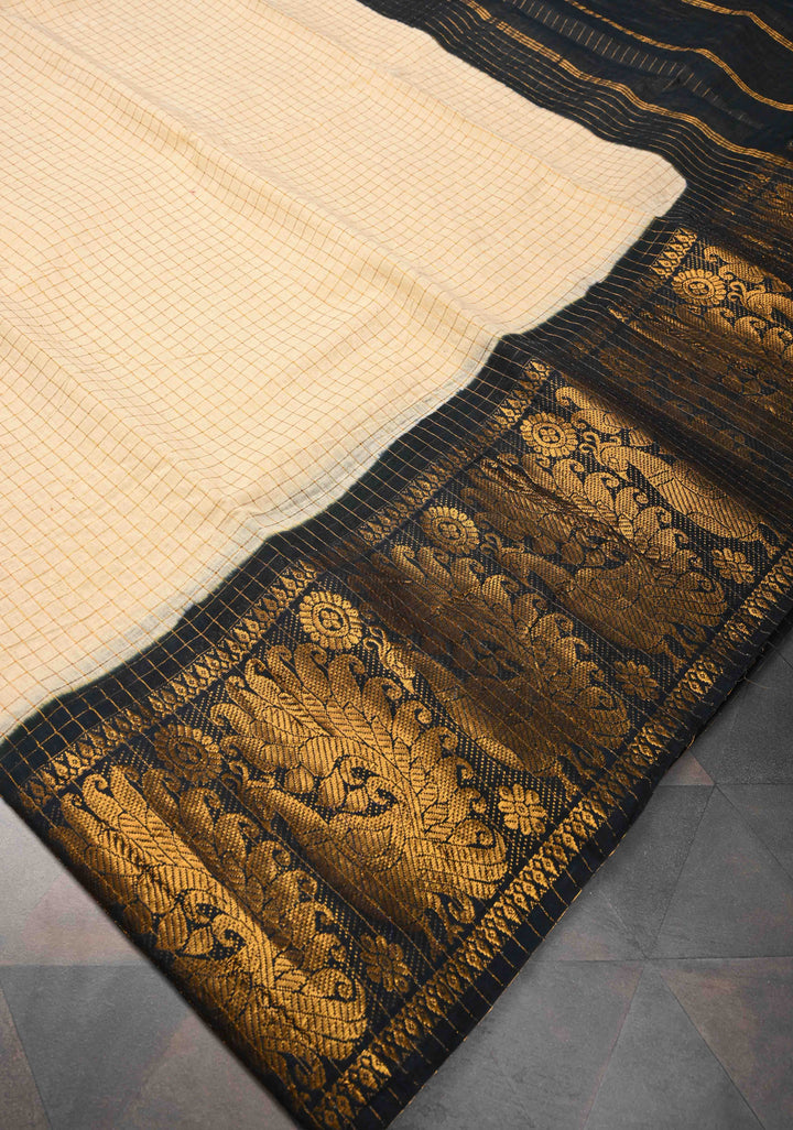 Off white Zari Checks Madurai Cotton Saree with Peacock Wide Zari border ,No Blouse Piece