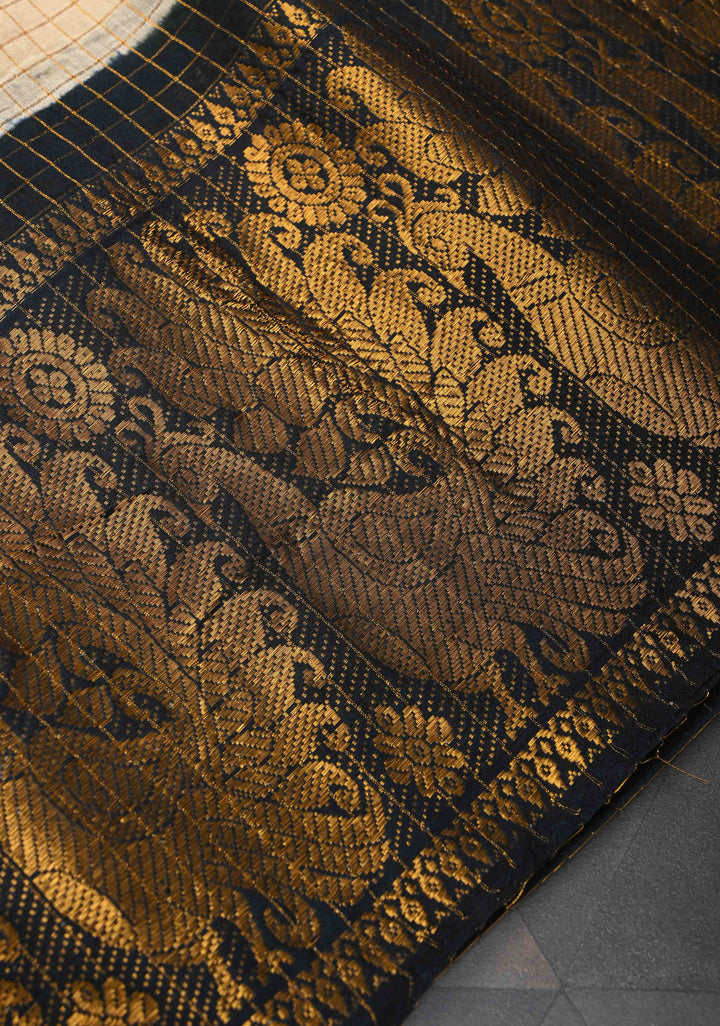Off white Zari Checks Madurai Cotton Saree with Peacock Wide Zari border ,No Blouse Piece