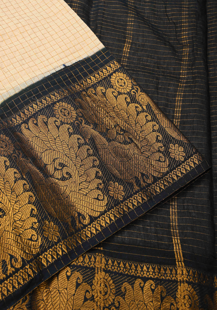 Off white Zari Checks Madurai Cotton Saree with Peacock Wide Zari border ,No Blouse Piece