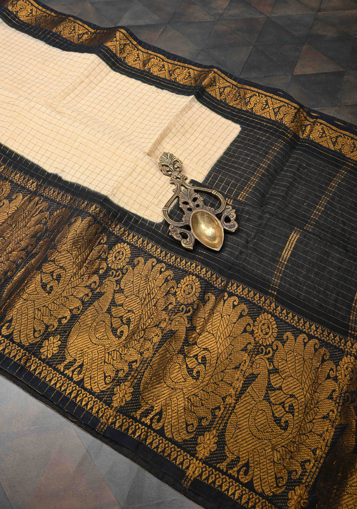 Off white Zari Checks Madurai Cotton Saree with Peacock Wide Zari border ,No Blouse Piece