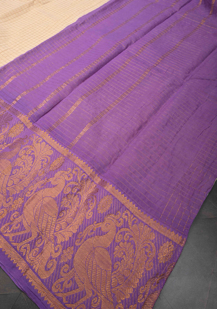 Madurai Cotton Saree in Beige with Zari Checks and Contrast Zari Borders, No Blouse Piece