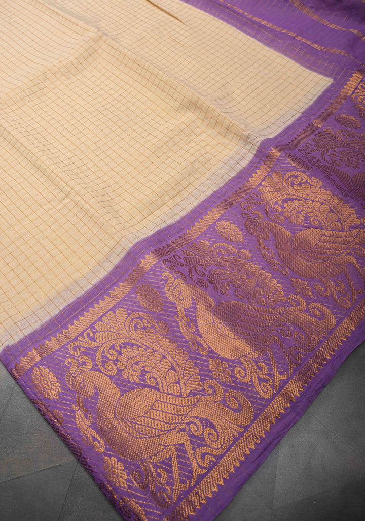 Madurai Cotton Saree in Beige with Zari Checks and Contrast Zari Borders, No Blouse Piece