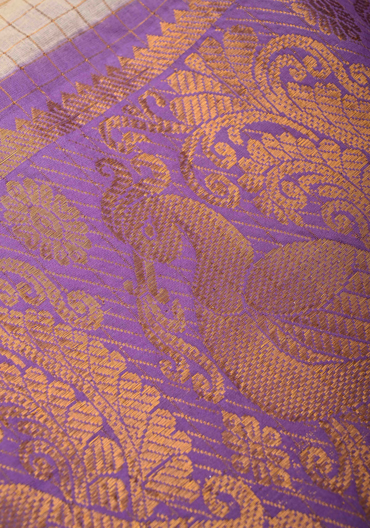 Madurai Cotton Saree in Beige with Zari Checks and Contrast Zari Borders, No Blouse Piece
