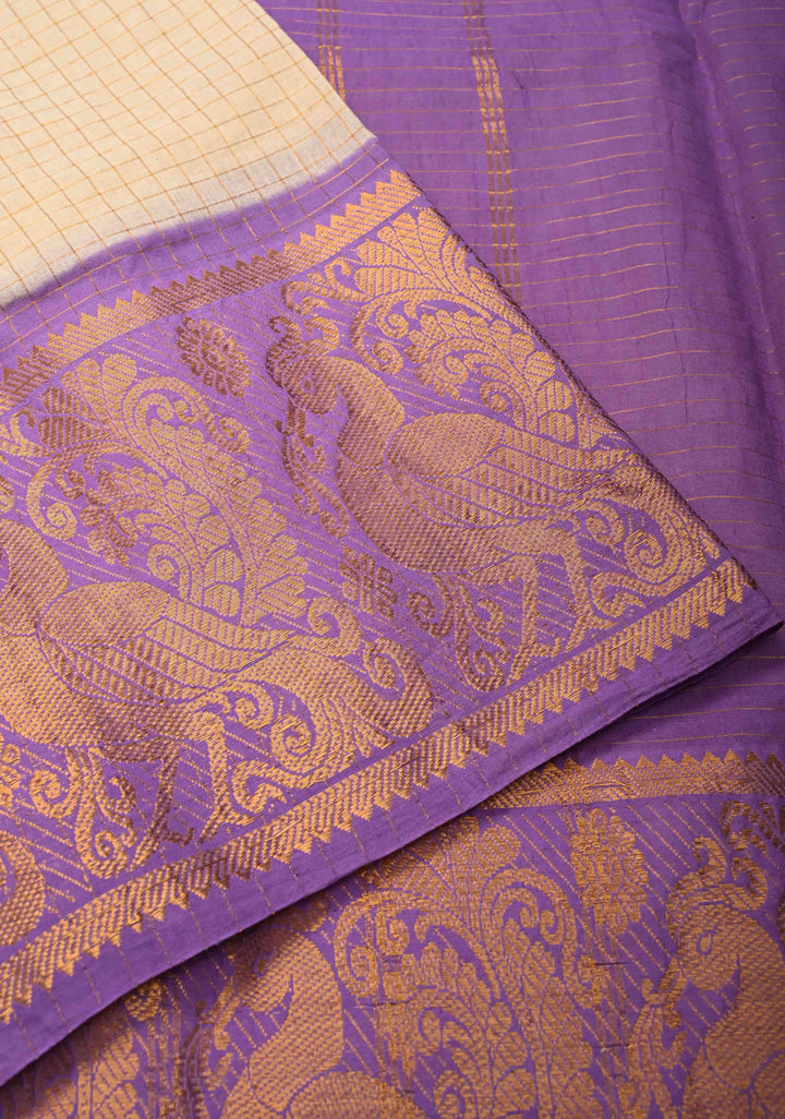 Madurai Cotton Saree in Beige with Zari Checks and Contrast Zari Borders, No Blouse Piece