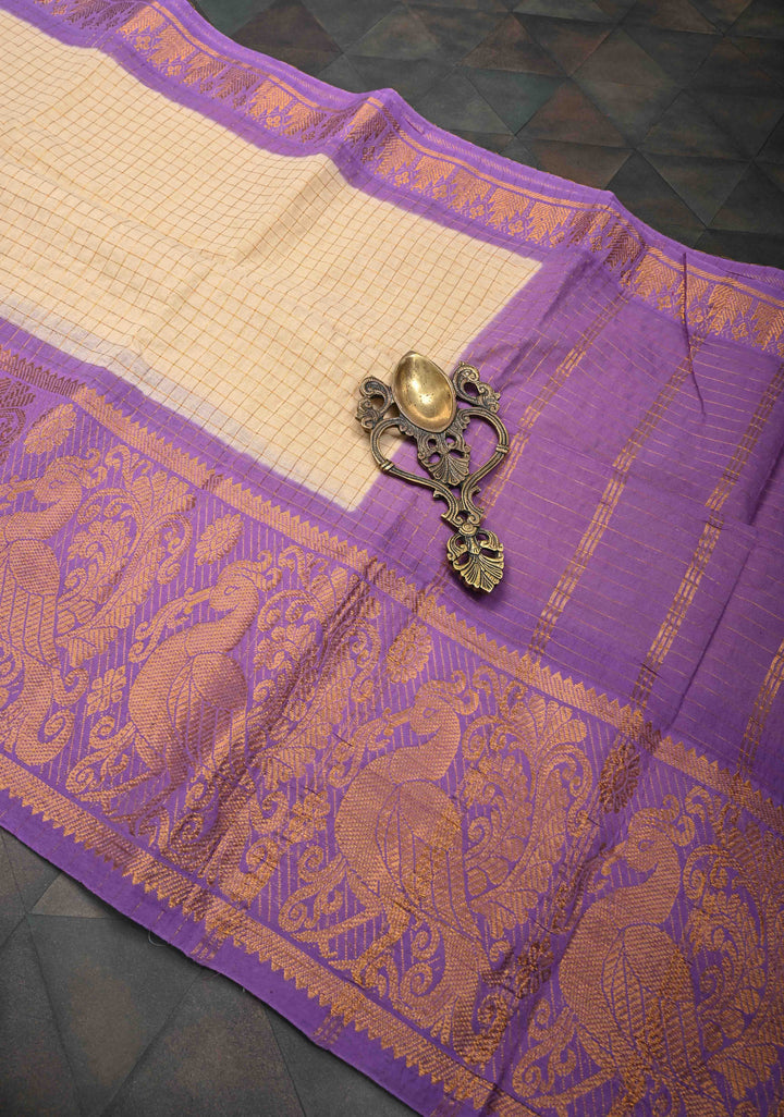 Madurai Cotton Saree in Beige with Zari Checks and Contrast Zari Borders, No Blouse Piece