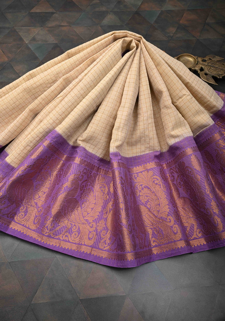 Madurai Cotton Saree in Beige with Zari Checks and Contrast Zari Borders, No Blouse Piece