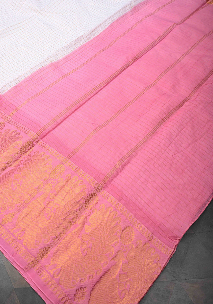 Zari Checks Madurai Cotton Saree in Off white with Peach Wide Zari border,No Blouse Piece