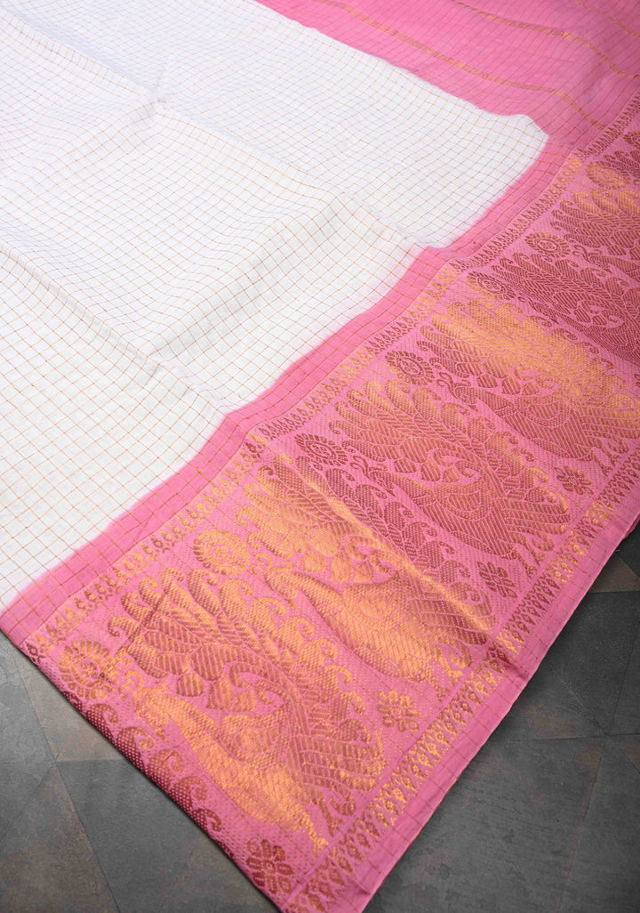 Zari Checks Madurai Cotton Saree in Off white with Peach Wide Zari border,No Blouse Piece