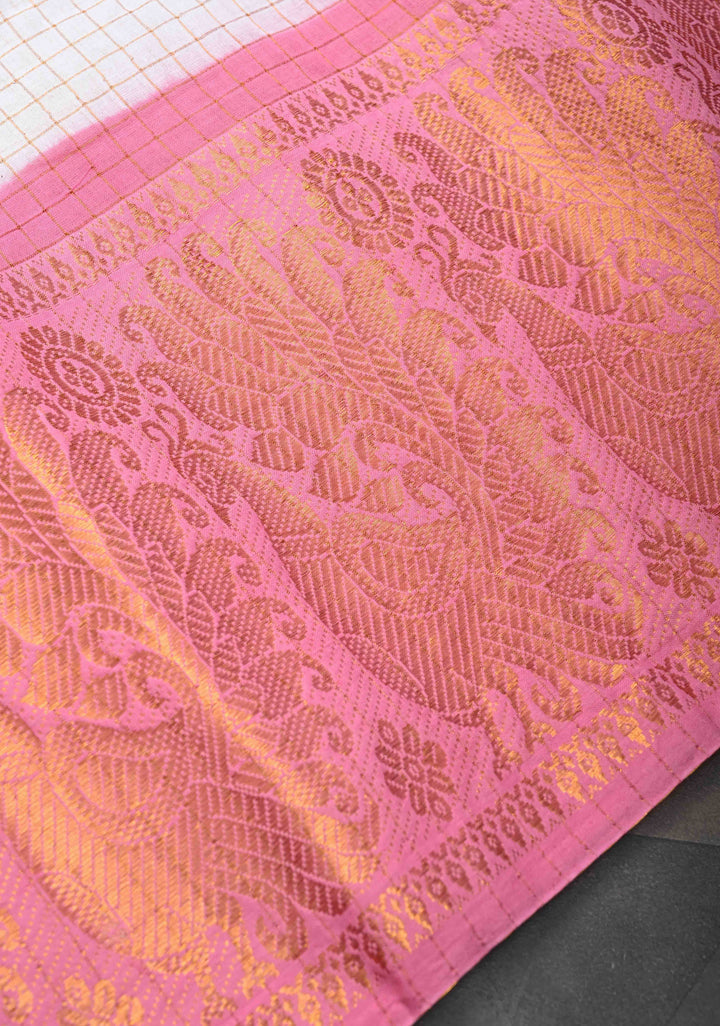 Zari Checks Madurai Cotton Saree in Off white with Peach Wide Zari border,No Blouse Piece