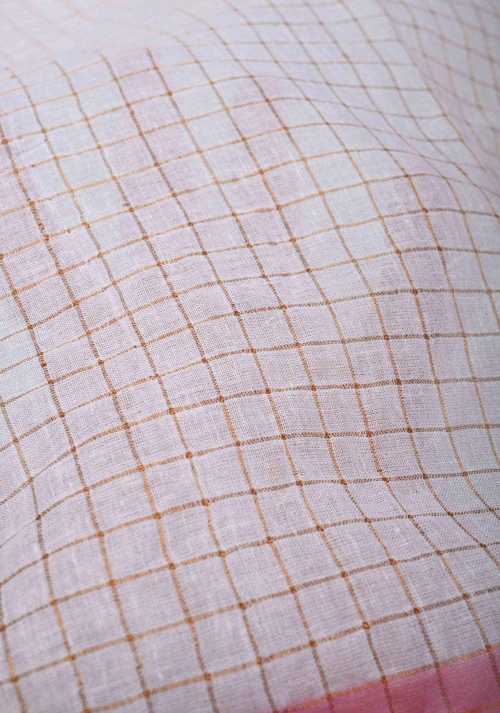 Zari Checks Madurai Cotton Saree in Off white with Peach Wide Zari border,No Blouse Piece