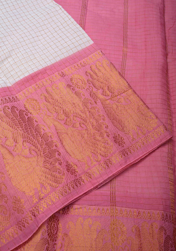 Zari Checks Madurai Cotton Saree in Off white with Peach Wide Zari border,No Blouse Piece