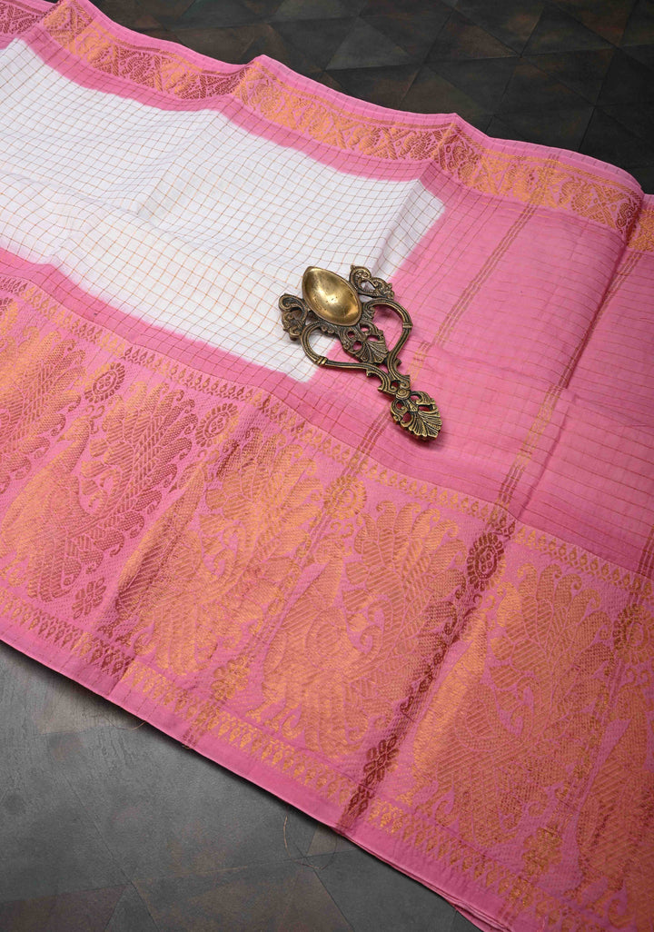 Zari Checks Madurai Cotton Saree in Off white with Peach Wide Zari border,No Blouse Piece