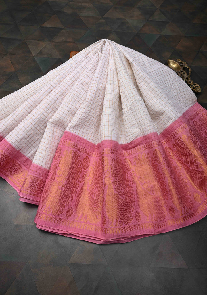 Zari Checks Madurai Cotton Saree in Off white with Peach Wide Zari border,No Blouse Piece