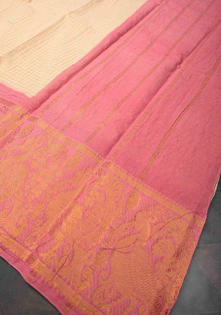 Cream Zari Checks Madurai Cotton Saree with annapakshi Wide Zari border ,No Blouse Piece