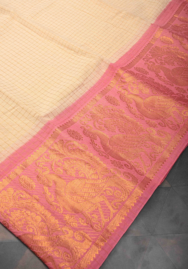 Cream Zari Checks Madurai Cotton Saree with annapakshi Wide Zari border ,No Blouse Piece
