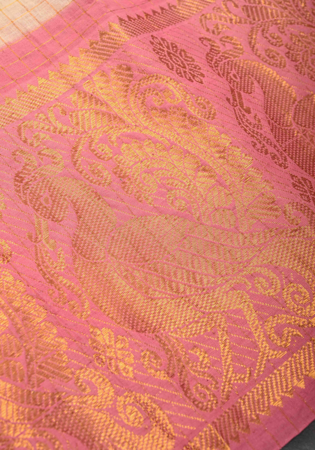 Cream Zari Checks Madurai Cotton Saree with annapakshi Wide Zari border ,No Blouse Piece