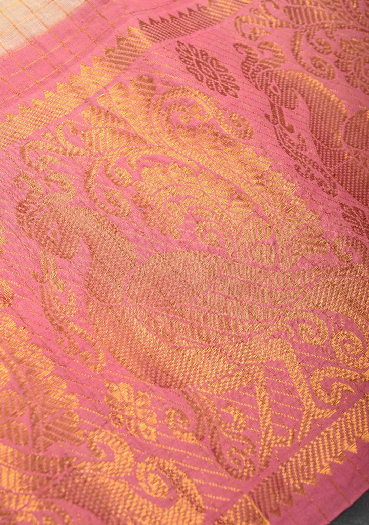 Cream Zari Checks Madurai Cotton Saree with annapakshi Wide Zari border ,No Blouse Piece