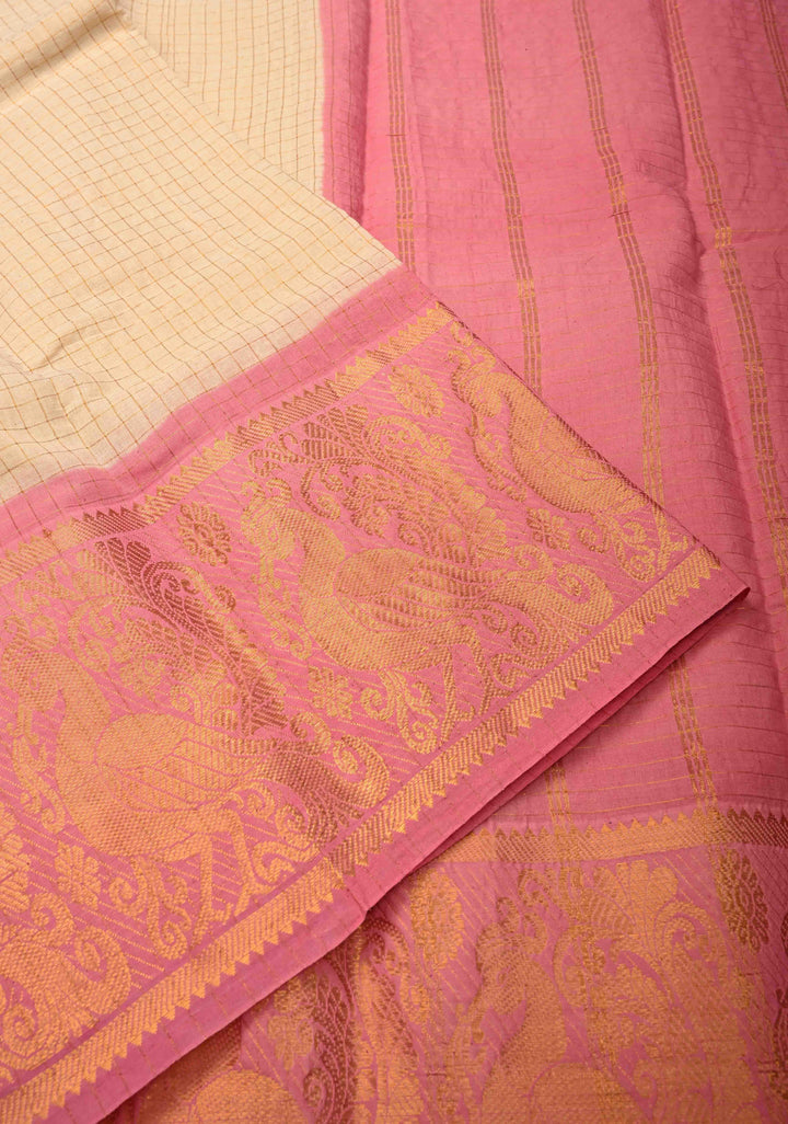 Cream Zari Checks Madurai Cotton Saree with annapakshi Wide Zari border ,No Blouse Piece