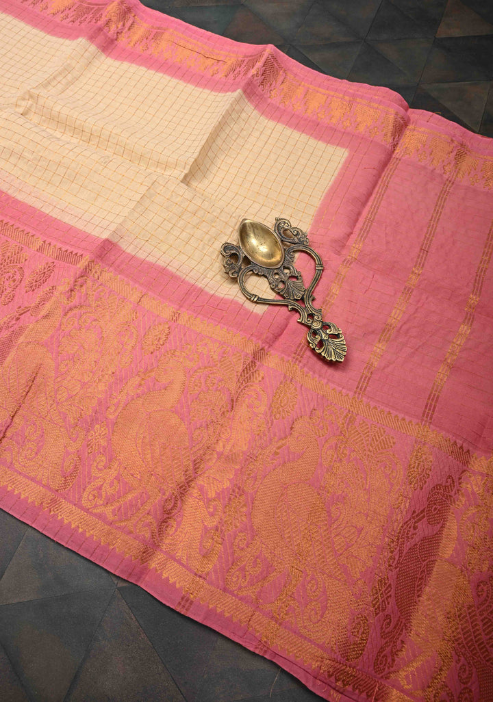 Cream Zari Checks Madurai Cotton Saree with annapakshi Wide Zari border ,No Blouse Piece