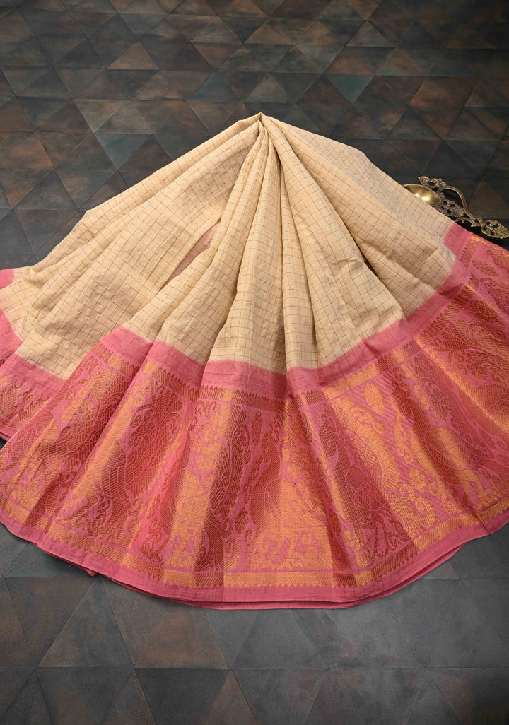 Cream Zari Checks Madurai Cotton Saree with annapakshi Wide Zari border ,No Blouse Piece