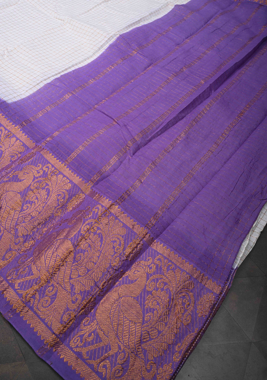 Madurai Cotton Saree in Off White with Zari Checks and Contrast Zari Borders, No Blouse Piece