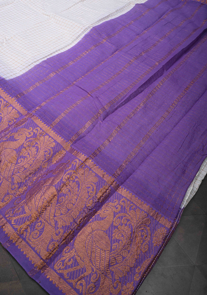 Madurai Cotton Saree in Off White with Zari Checks and Contrast Zari Borders, No Blouse Piece