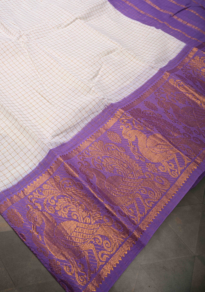 Madurai Cotton Saree in Off White with Zari Checks and Contrast Zari Borders, No Blouse Piece