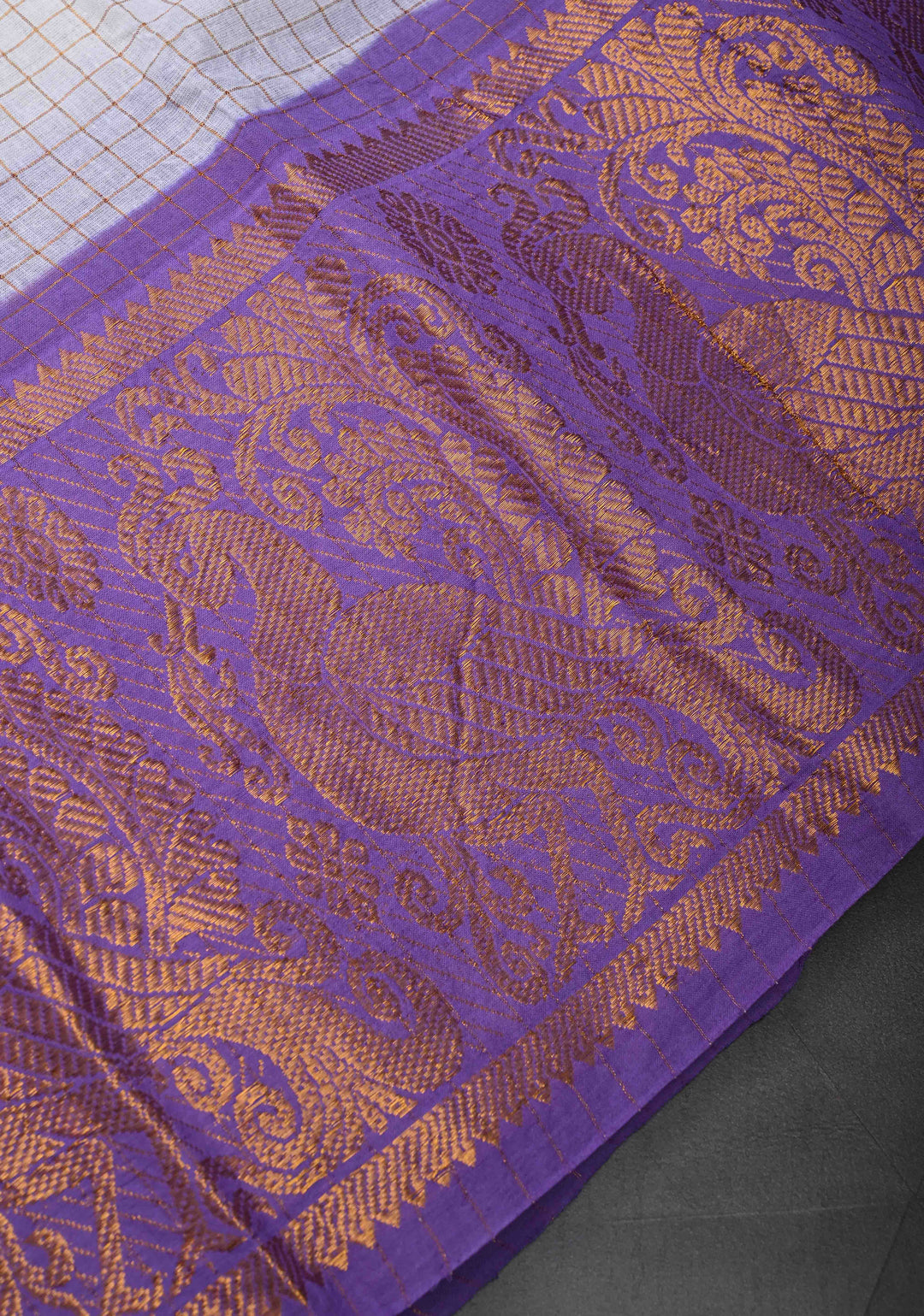 Madurai Cotton Saree in Off White with Zari Checks and Contrast Zari Borders, No Blouse Piece