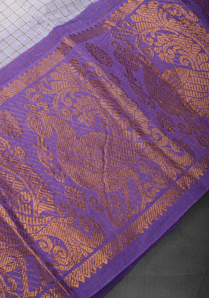 Madurai Cotton Saree in Off White with Zari Checks and Contrast Zari Borders, No Blouse Piece