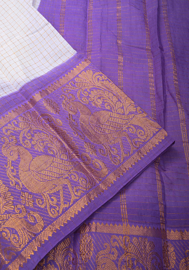 Madurai Cotton Saree in Off White with Zari Checks and Contrast Zari Borders, No Blouse Piece