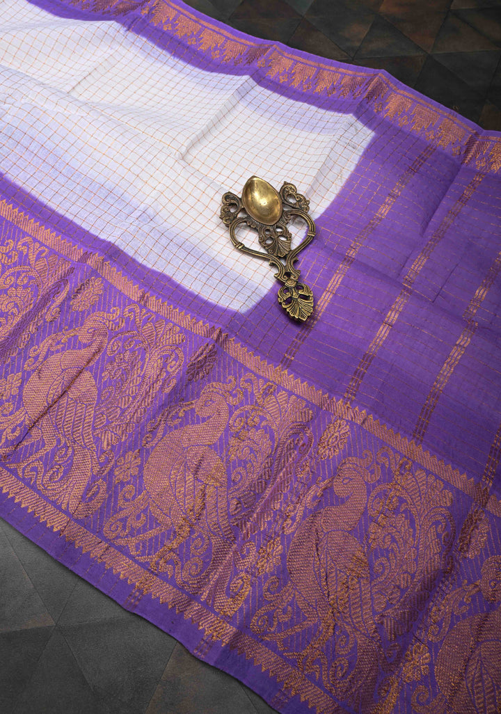 Madurai Cotton Saree in Off White with Zari Checks and Contrast Zari Borders, No Blouse Piece
