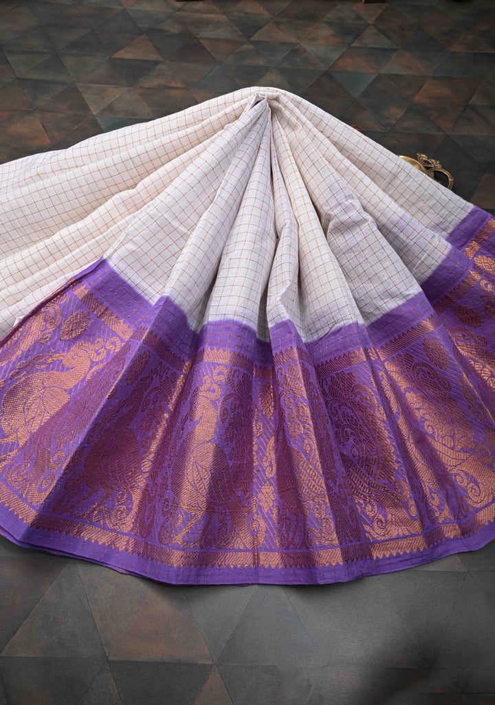 Madurai Cotton Saree in Off White with Zari Checks and Contrast Zari Borders, No Blouse Piece