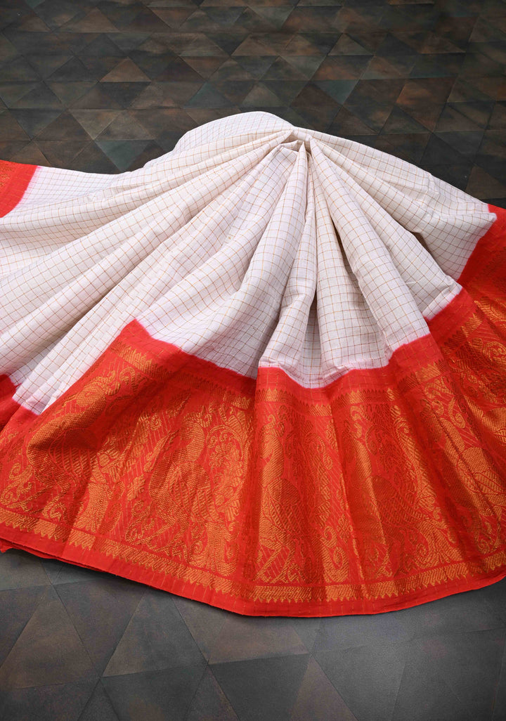 Madurai Cotton Saree in Off White with Zari Checks and Contrast Zari Borders, No Blouse Piece