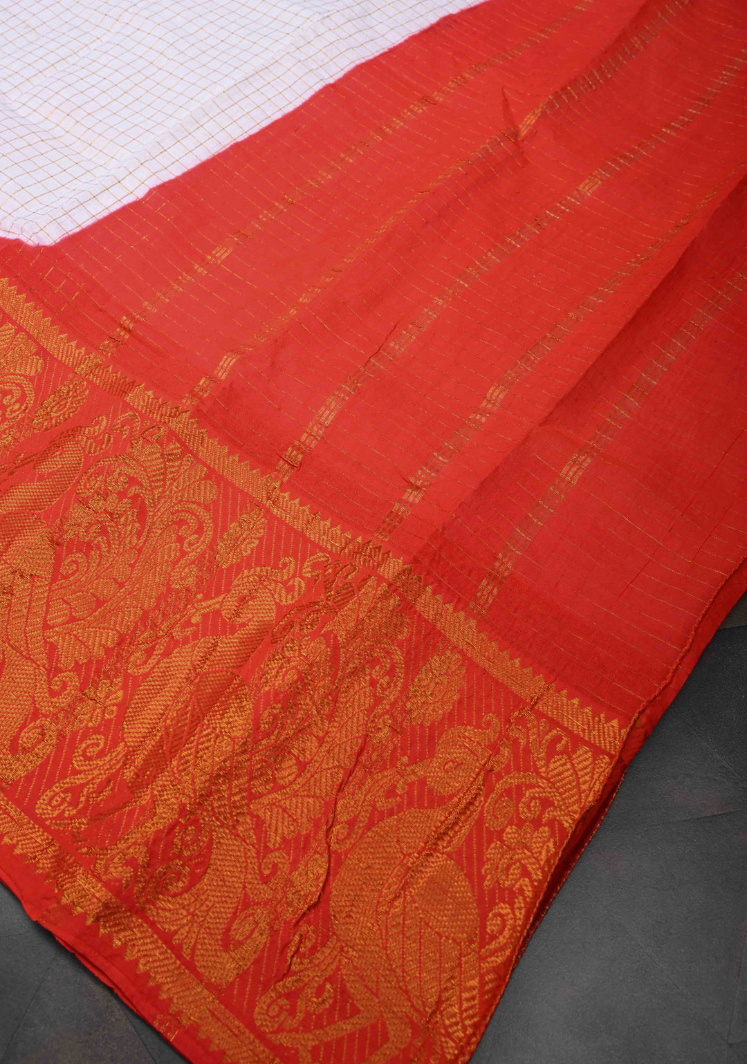 Madurai Cotton Saree in Off White with Zari Checks and Contrast Zari Borders, No Blouse Piece