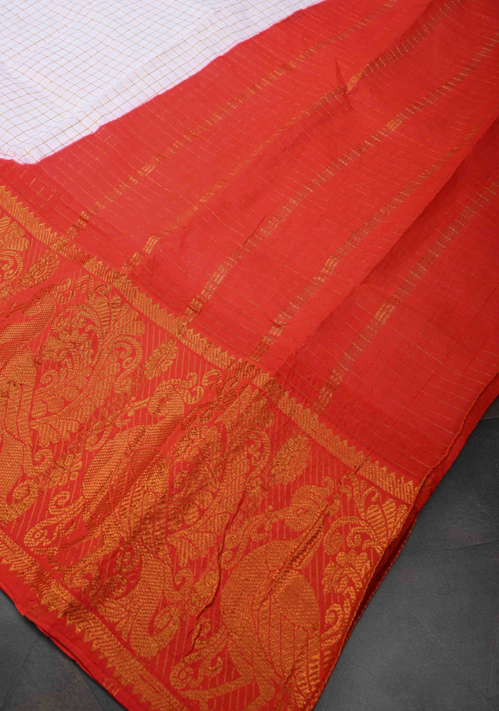 Madurai Cotton Saree in Off White with Zari Checks and Contrast Zari Borders, No Blouse Piece