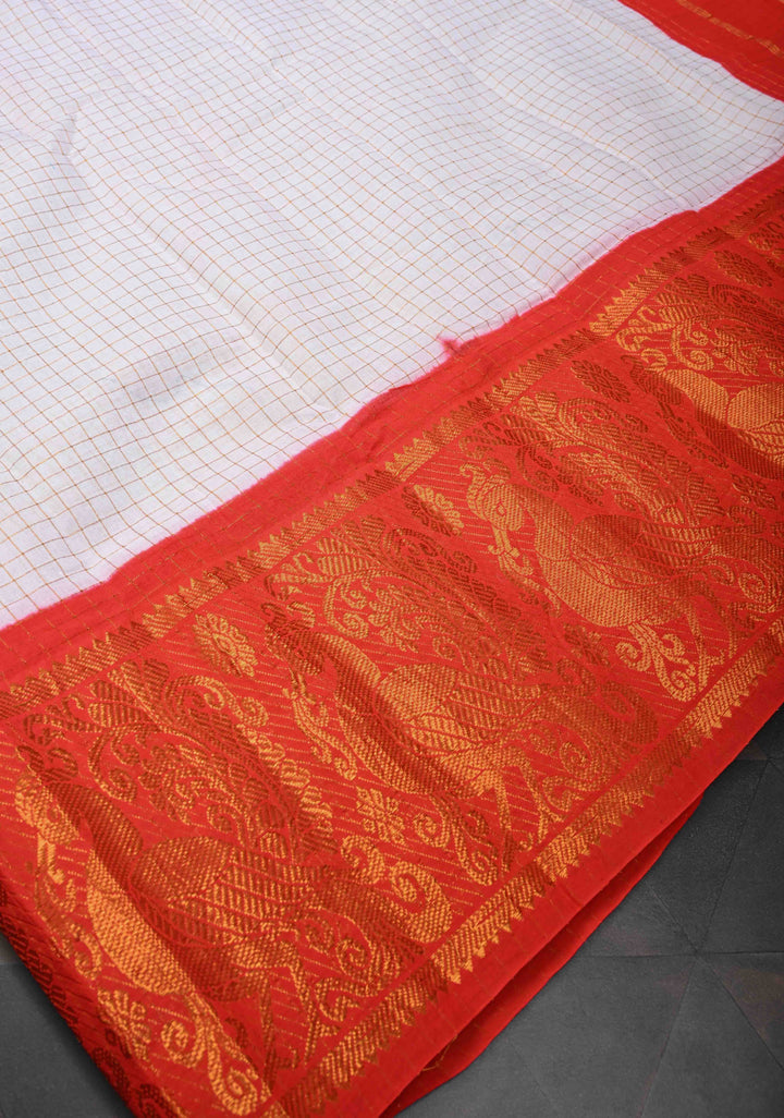 Madurai Cotton Saree in Off White with Zari Checks and Contrast Zari Borders, No Blouse Piece