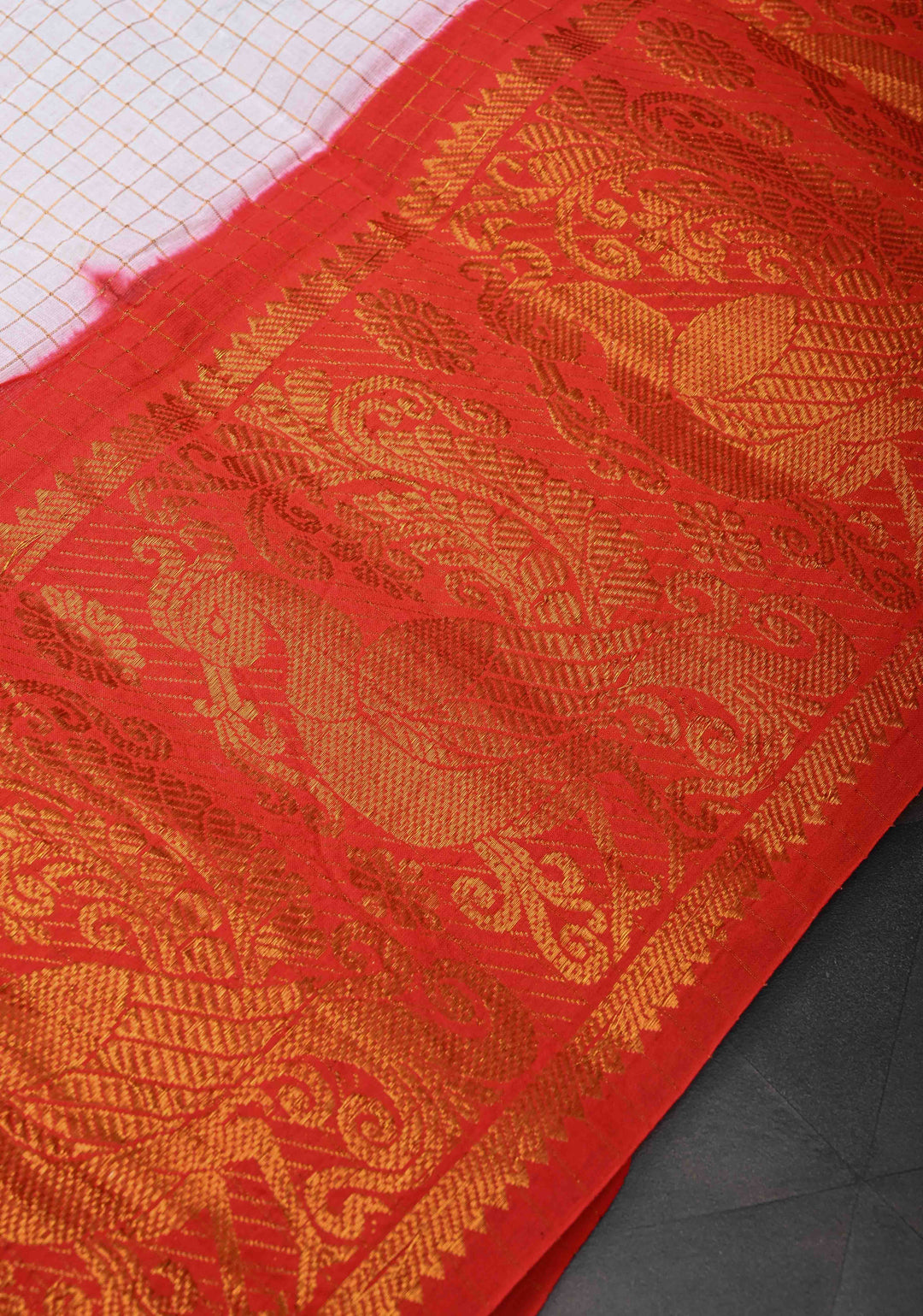 Madurai Cotton Saree in Off White with Zari Checks and Contrast Zari Borders, No Blouse Piece