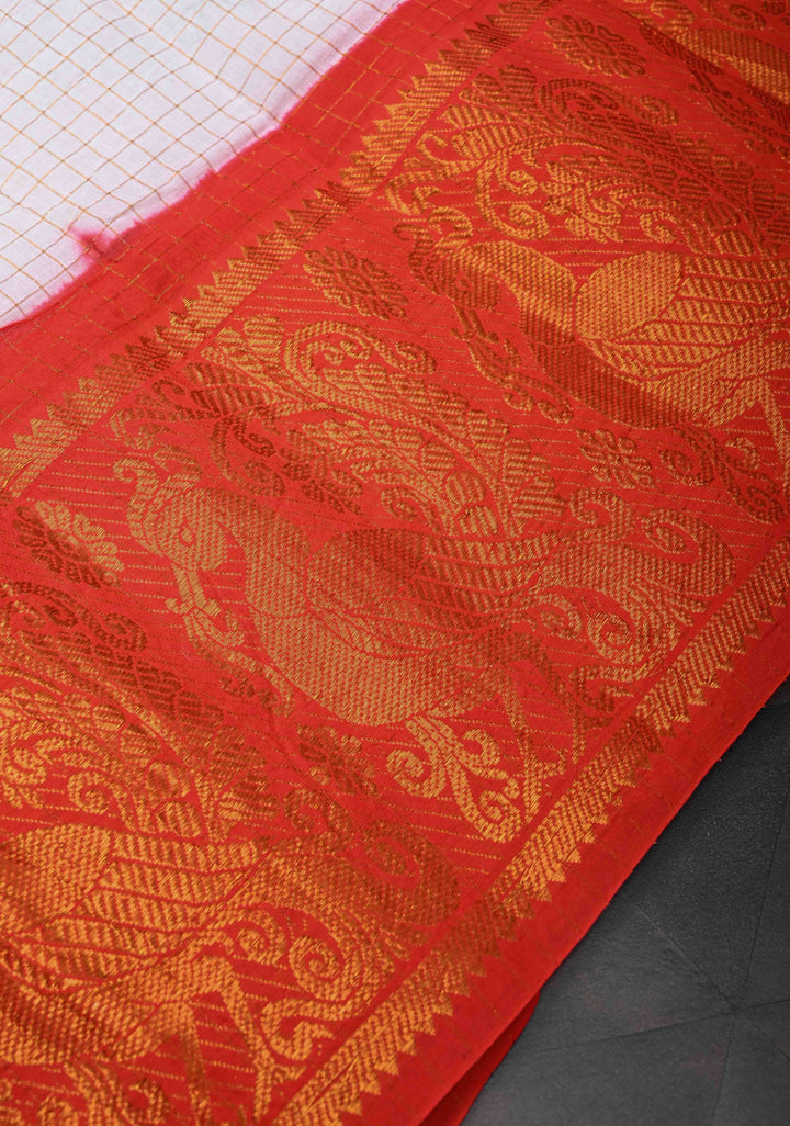 Madurai Cotton Saree in Off White with Zari Checks and Contrast Zari Borders, No Blouse Piece