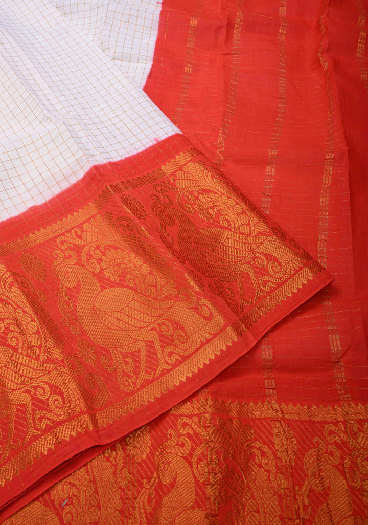 Madurai Cotton Saree in Off White with Zari Checks and Contrast Zari Borders, No Blouse Piece