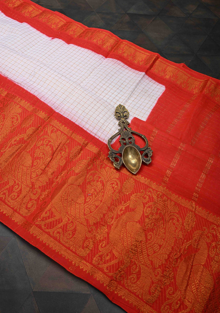 Madurai Cotton Saree in Off White with Zari Checks and Contrast Zari Borders, No Blouse Piece