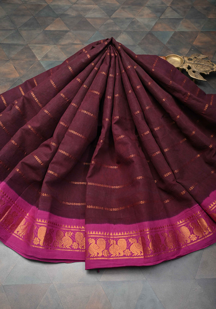 Veldhari Stripes Wine Cotton Saree with Horizontal Zari stripes and Peacock contrast Zari border, No blouse Piece