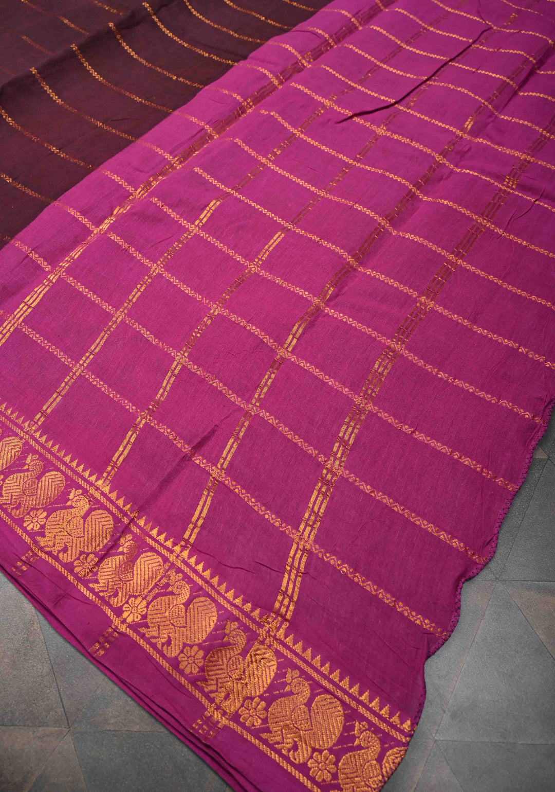 Veldhari Stripes Wine Cotton Saree with Horizontal Zari stripes and Peacock contrast Zari border, No blouse Piece