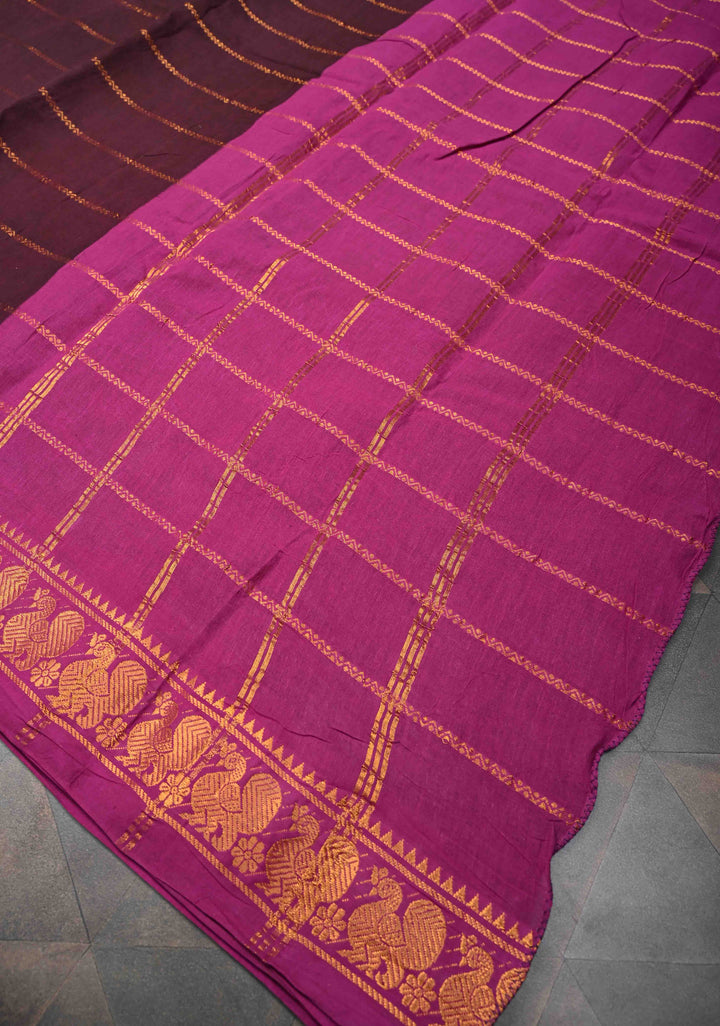 Veldhari Stripes Wine Cotton Saree with Horizontal Zari stripes and Peacock contrast Zari border, No blouse Piece