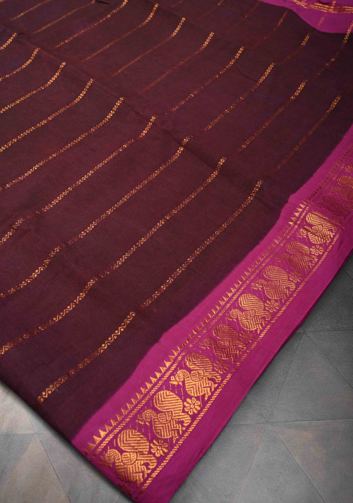 Veldhari Stripes Wine Cotton Saree with Horizontal Zari stripes and Peacock contrast Zari border, No blouse Piece