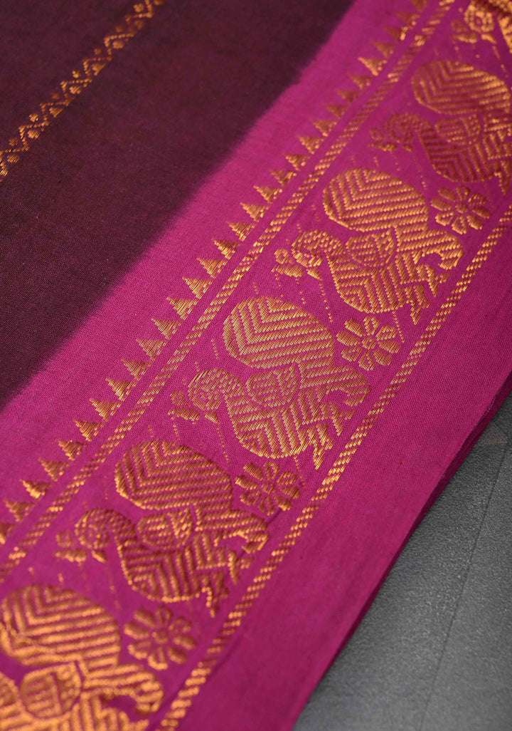 Veldhari Stripes Wine Cotton Saree with Horizontal Zari stripes and Peacock contrast Zari border, No blouse Piece