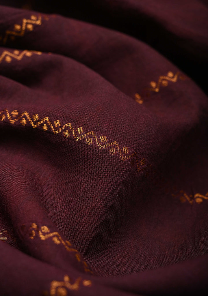 Veldhari Stripes Wine Cotton Saree with Horizontal Zari stripes and Peacock contrast Zari border, No blouse Piece