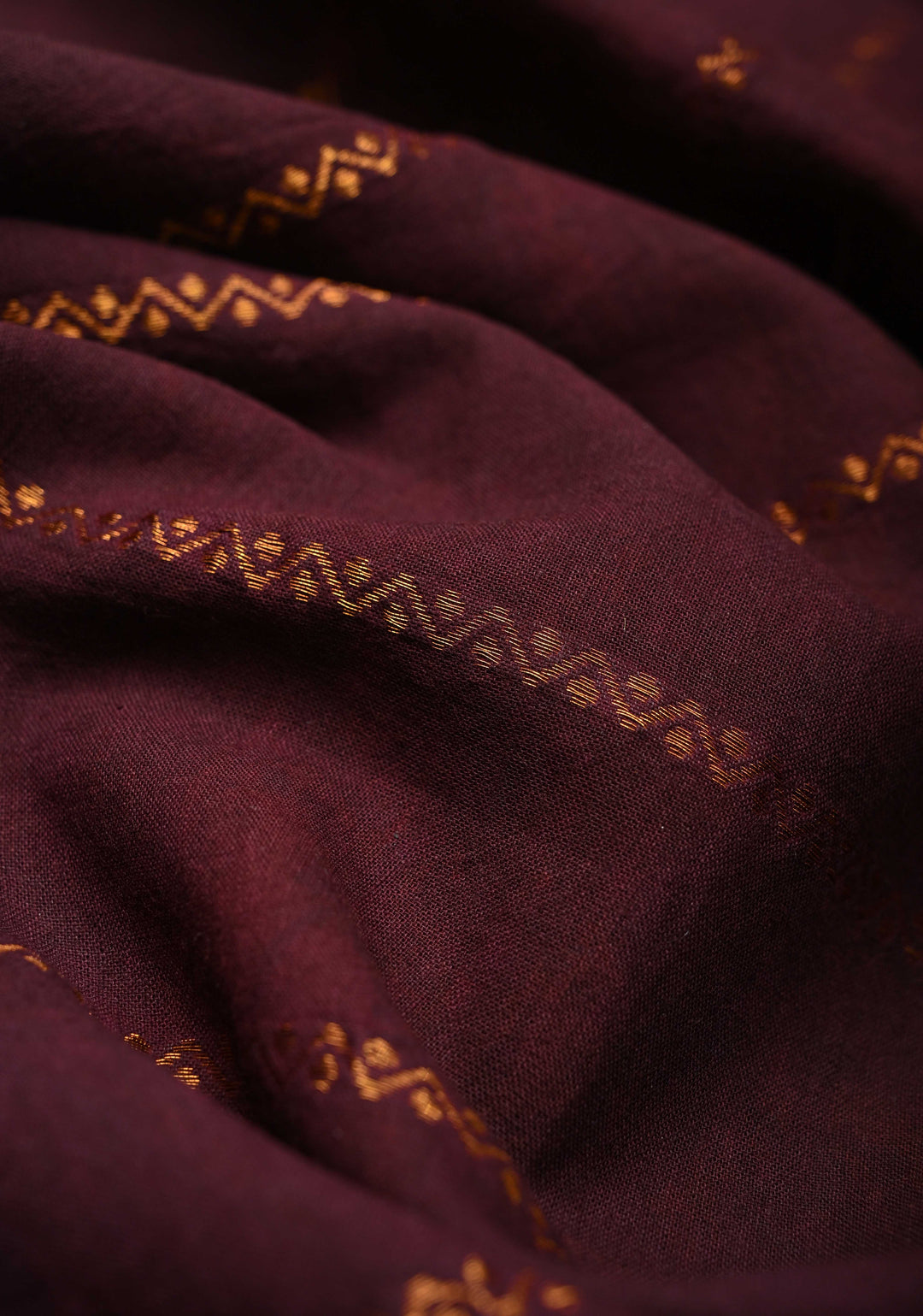 Veldhari Stripes Wine Cotton Saree with Horizontal Zari stripes and Peacock contrast Zari border, No blouse Piece